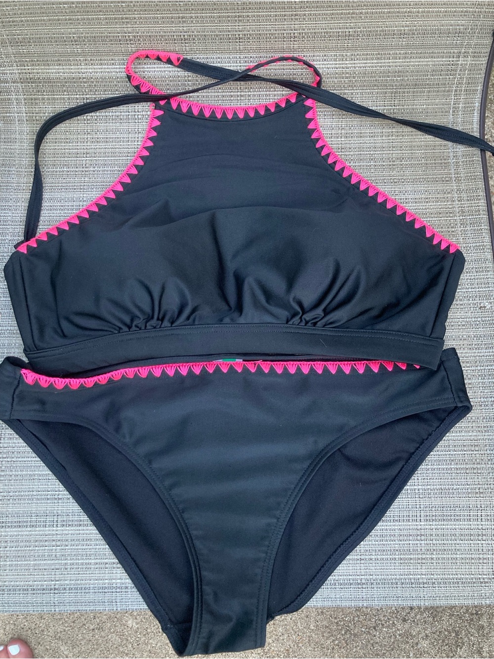 Black High-Neck Bikini Set with Pink Trim